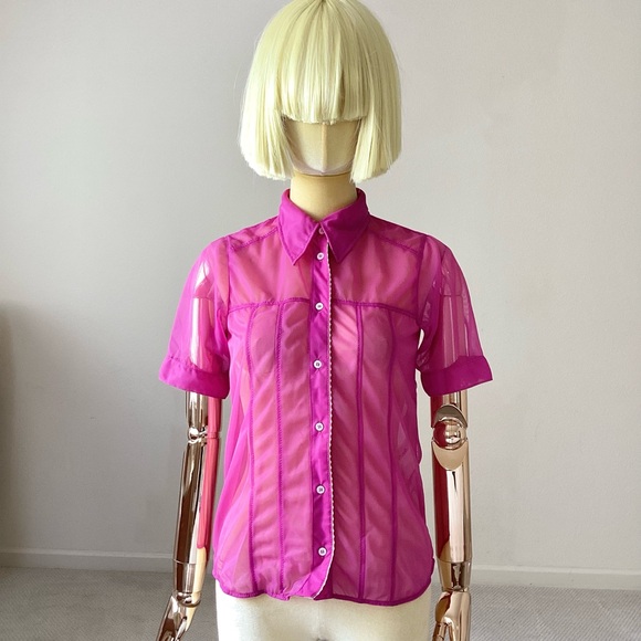 No. 21 Pink Mesh Semi Sheer Short Sleeve Button Down Shirt Top - Picture 6 of 6